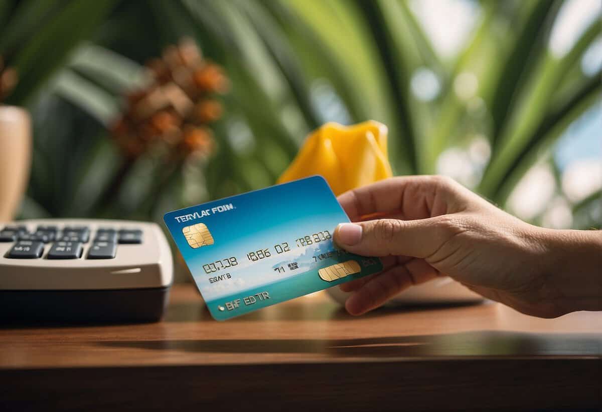A hand places a credit card on a travel agent's desk, while a brochure of tropical destinations lies open