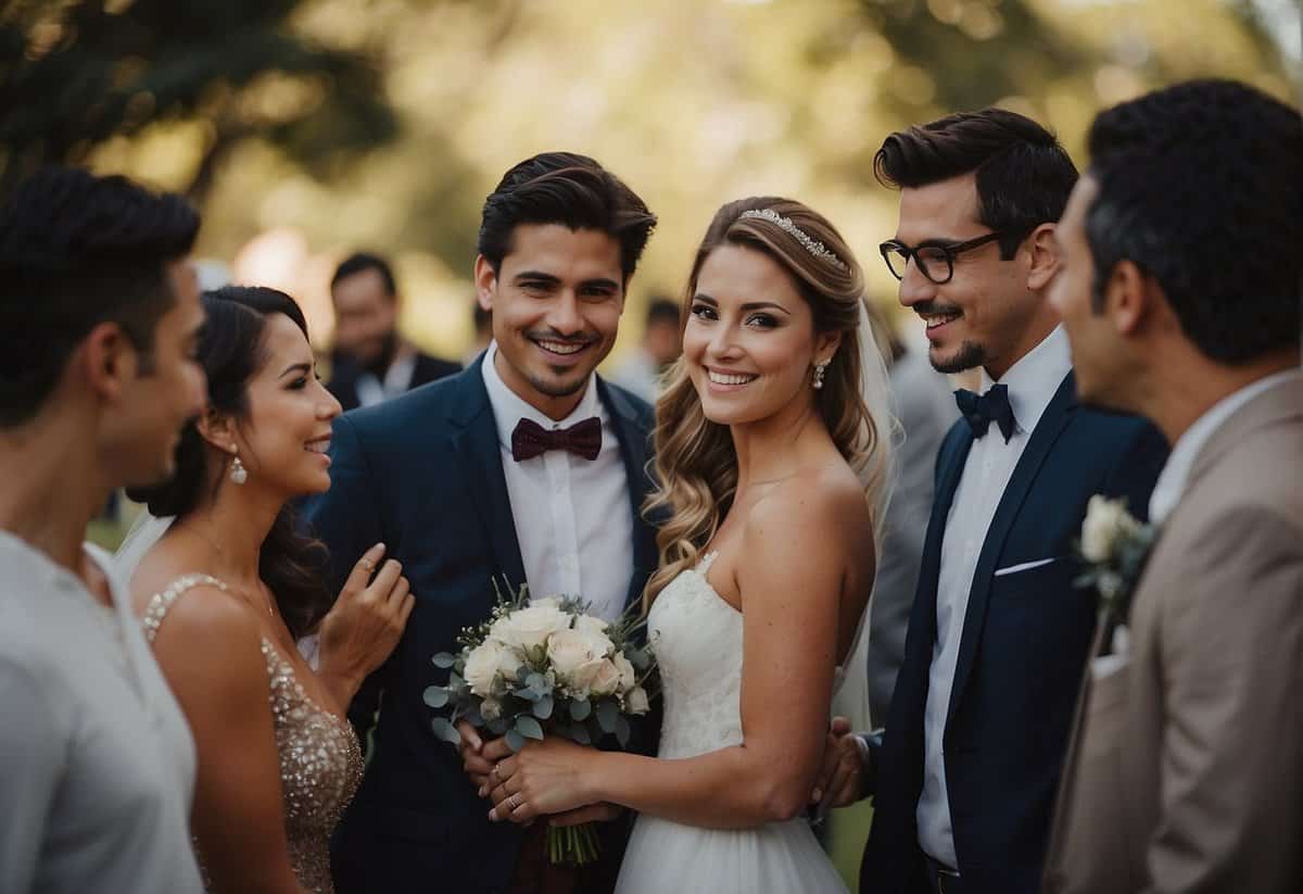 Guests surround the bride and groom, with the closest figure facing them