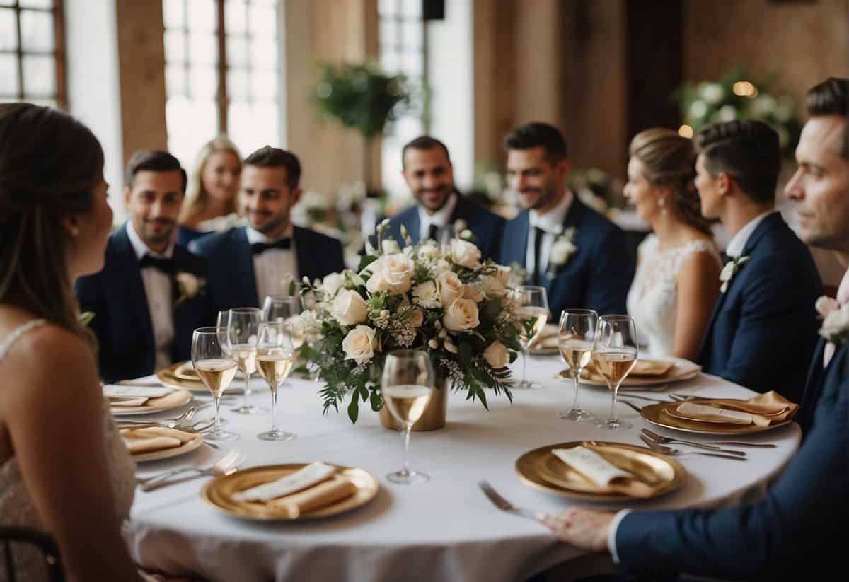 Guests arrange seating around a central table. The bride and groom's seats are at the head, with close family and friends nearby