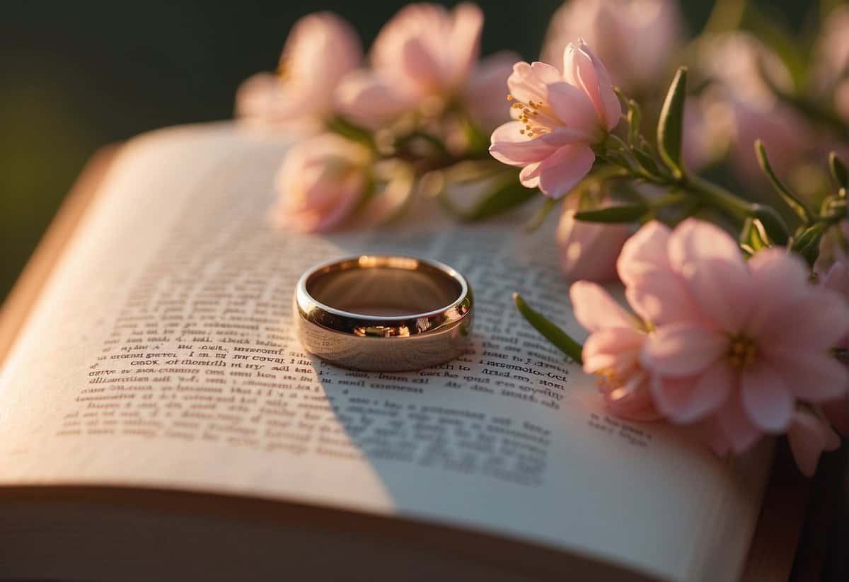 A wedding ring on a book about love, surrounded by blooming flowers and a sunset in the background