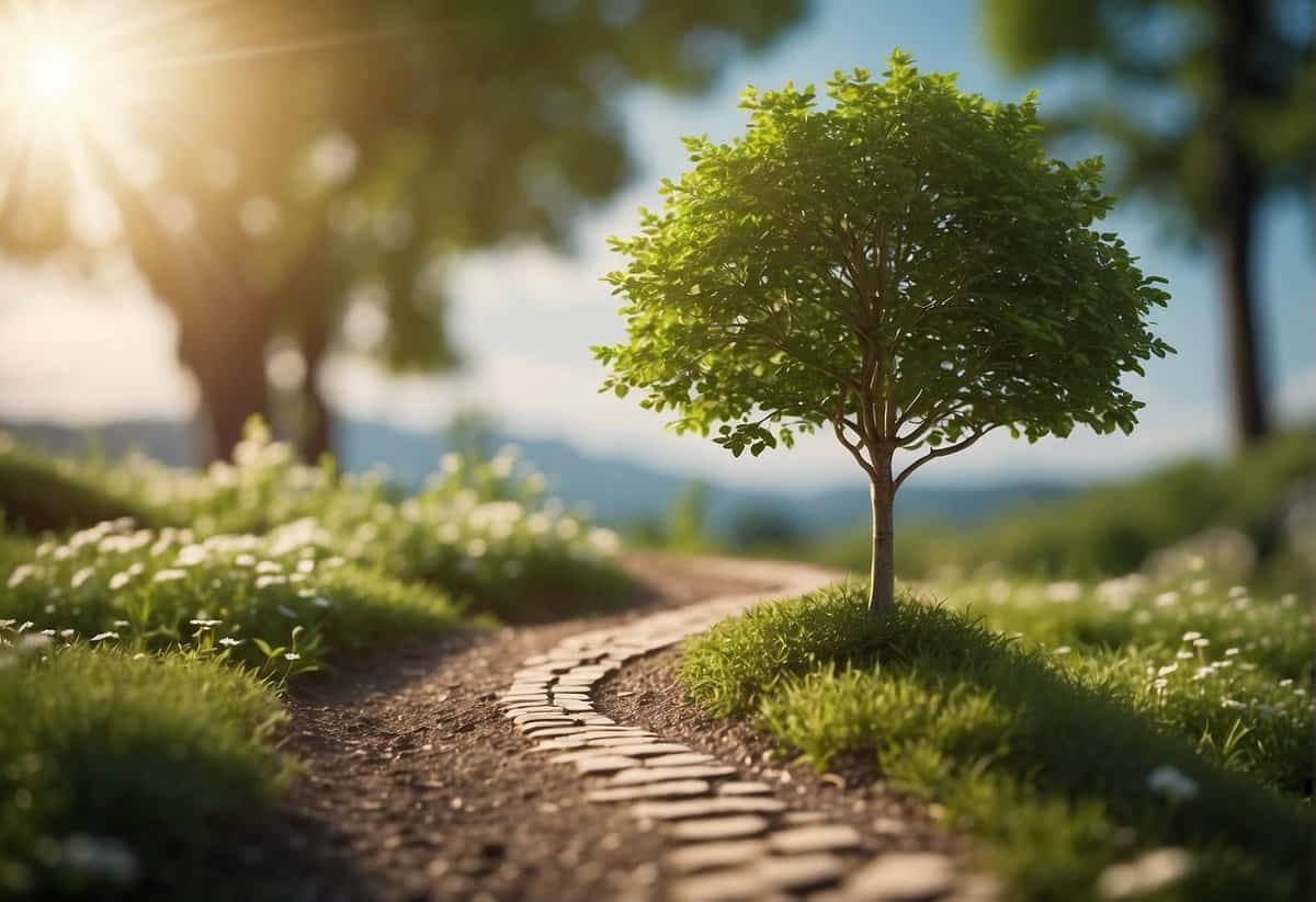 A young tree growing alongside a winding path, symbolizing personal development in marriage. The tree is in full bloom, representing the ideal age for marriage
