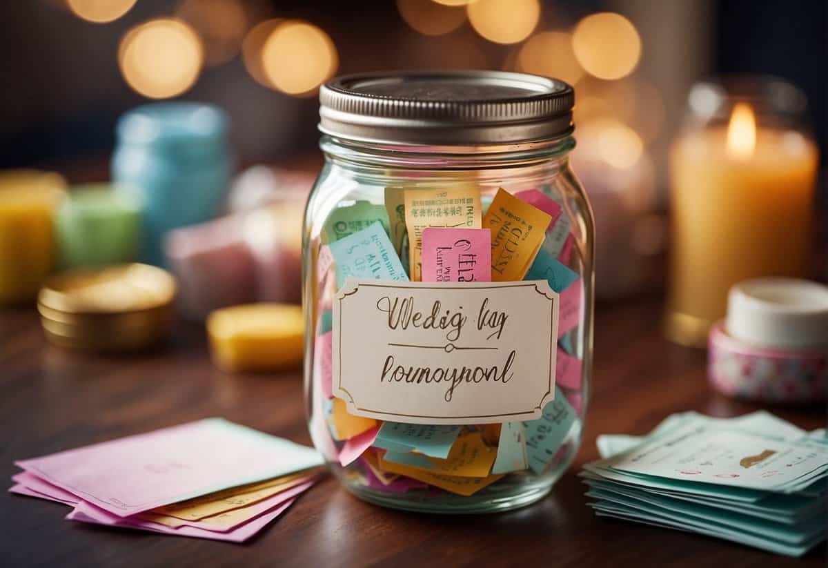 A decorative jar with "wedding honeymoon fund" written on it, surrounded by colorful envelopes and a sign indicating suggested contribution amounts