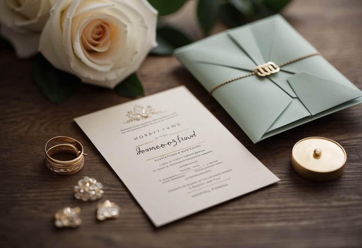 A wedding invitation with a section labeled "Honeymoon Fund" and a suggested contribution amount