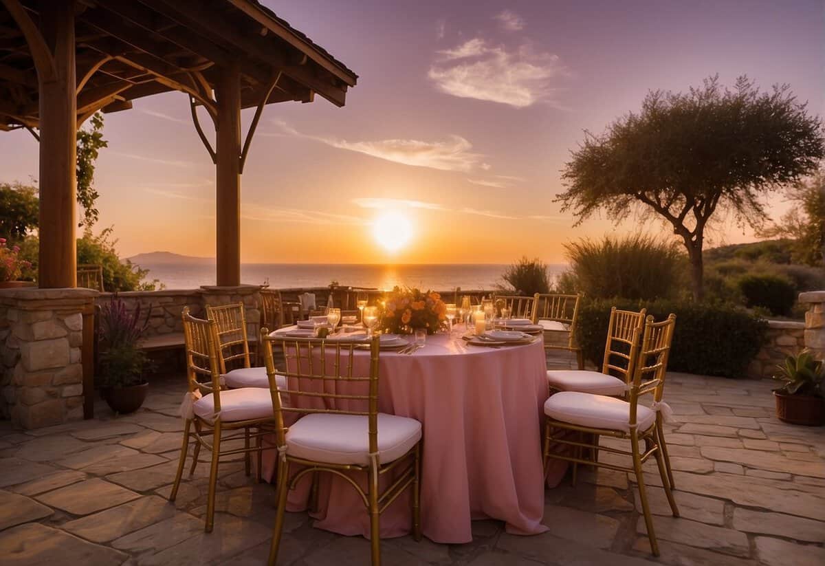 A golden sunset bathes a serene outdoor setting, with soft, warm light casting a romantic glow. The sky is painted with hues of pink, orange, and purple, creating a picturesque backdrop for a wedding ceremony