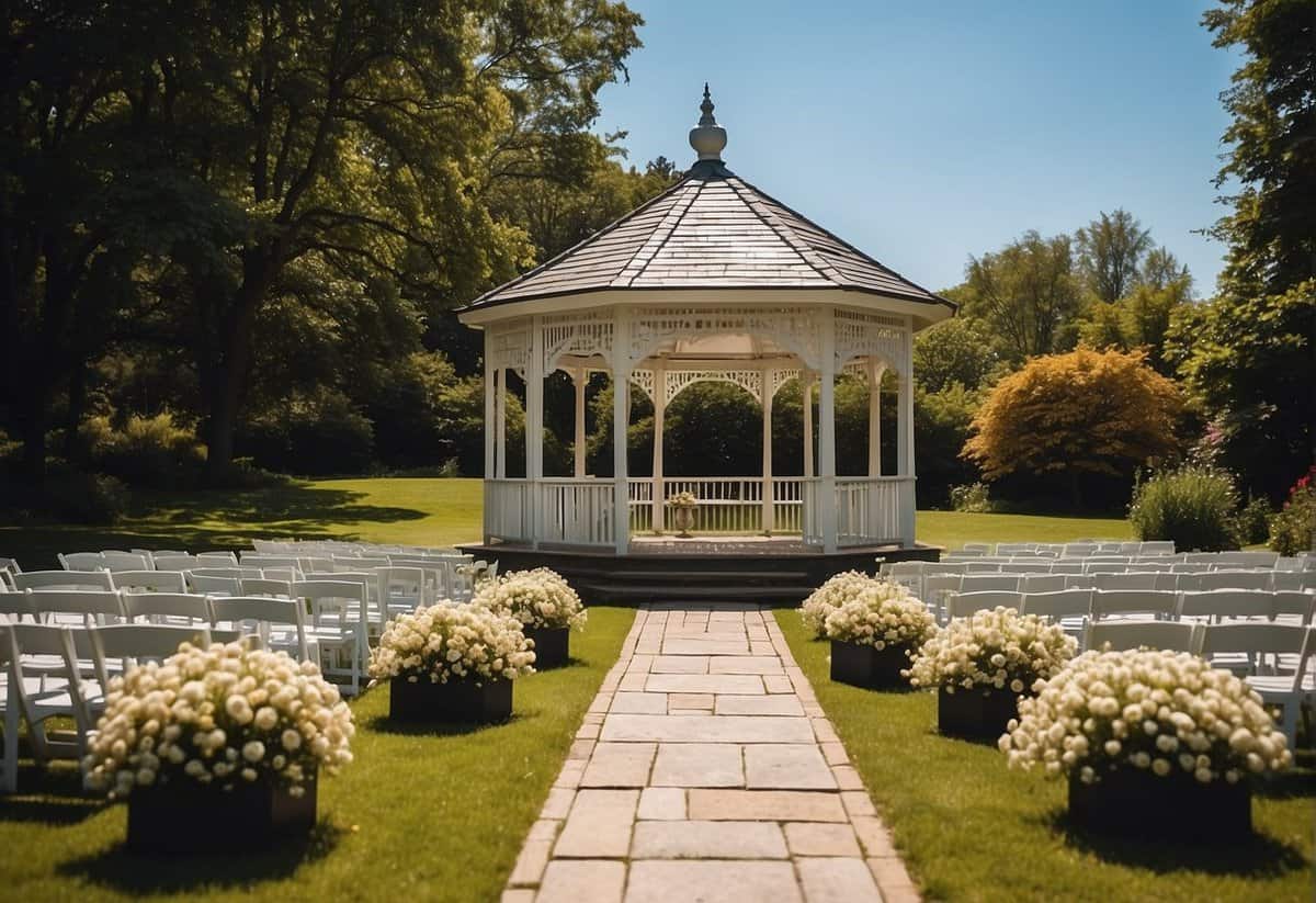 A sunny afternoon with a clear blue sky, a picturesque setting with a gazebo and blooming flowers, showcasing a serene and romantic atmosphere for a wedding ceremony