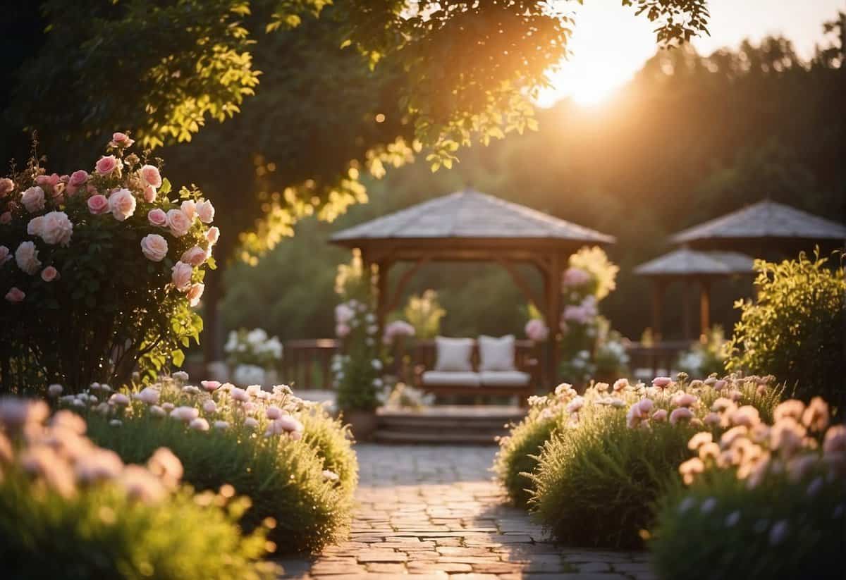 A serene sunset casts a warm glow over a tranquil outdoor setting, with blooming flowers and lush greenery, creating a perfect backdrop for a romantic wedding ceremony