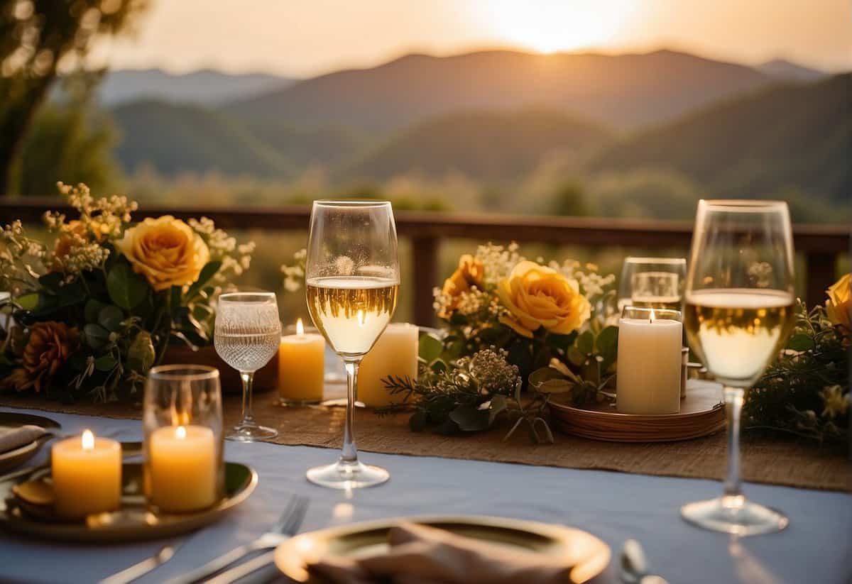 A golden sunset casts a warm glow over a serene outdoor wedding venue, with a picturesque backdrop of rolling hills and a clear blue sky