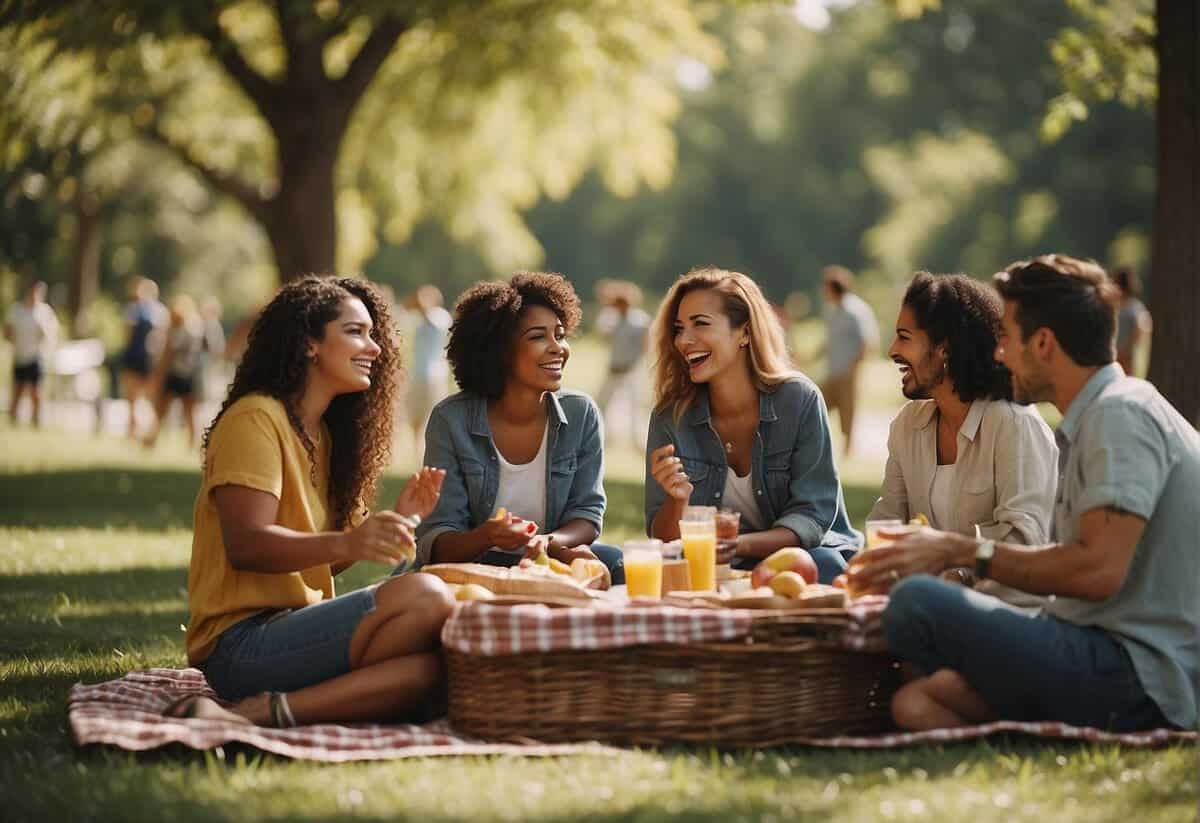 A sunny park with diverse groups enjoying picnics, playing games, and laughing together
