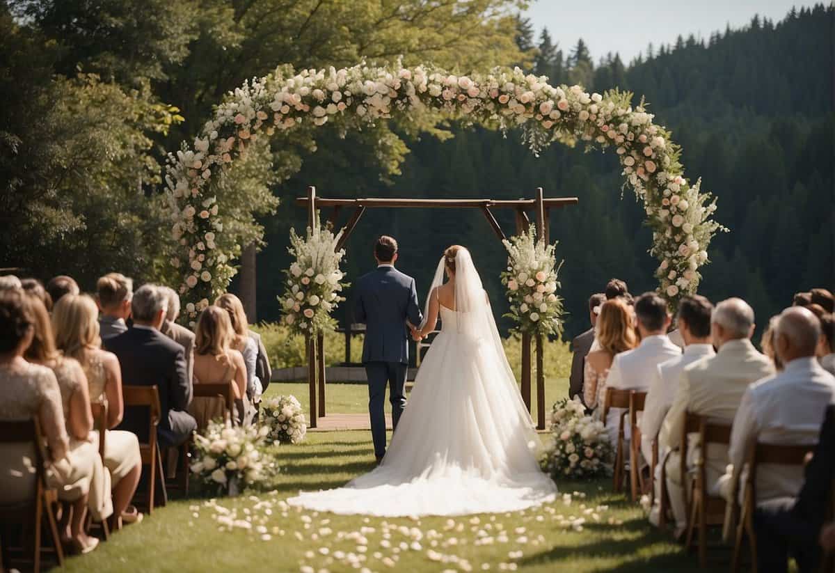 A sunny outdoor wedding ceremony on June 7th, 2024, with clear blue skies and a gentle breeze, surrounded by blooming flowers and lush greenery