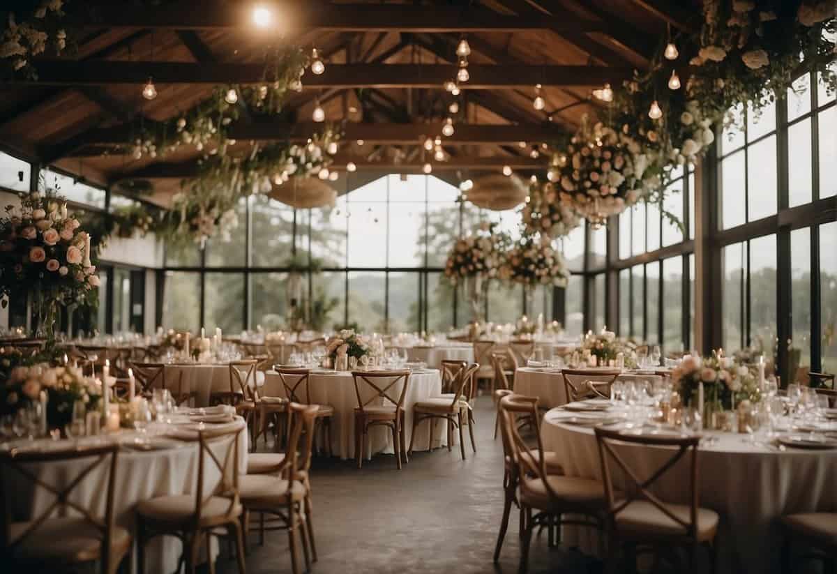 A small wedding with 200 guests fills a cozy venue with laughter and love. Tables are adorned with delicate flowers, and soft music fills the air