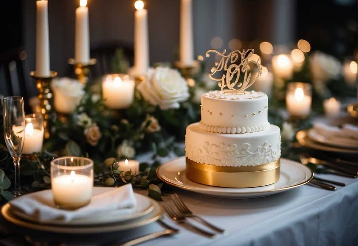 A beautifully decorated table with a small, elegant wedding cake, surrounded by a few intimate settings of chairs and place settings