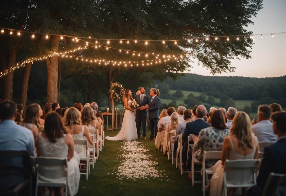A cozy outdoor ceremony with twinkle lights and personalized decor, surrounded by close family and friends