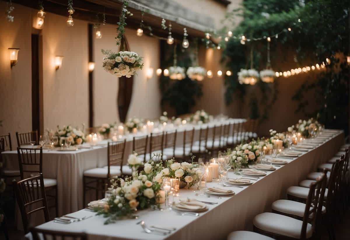 A small wedding venue decorated with elegant flowers and soft lighting, creating a warm and intimate atmosphere for the couple's special day