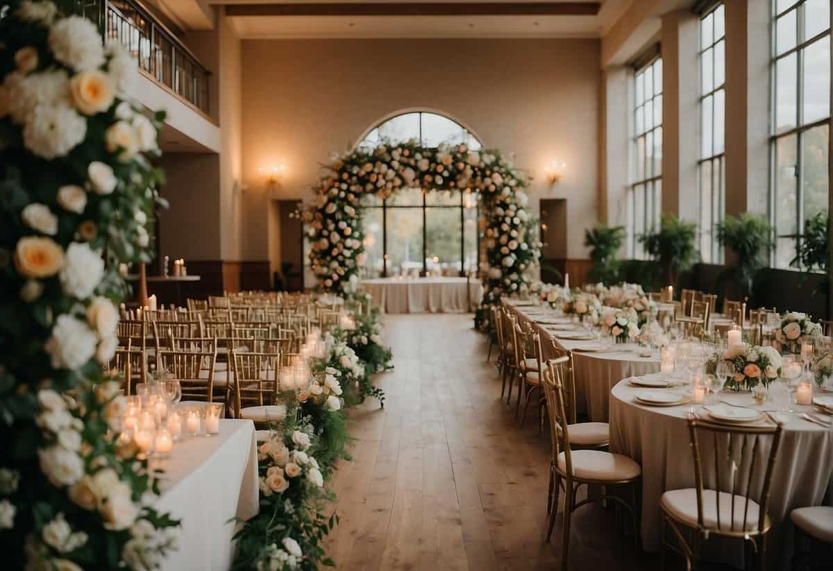 A small wedding venue with 200 capacity, decorated with flowers and elegant seating arrangements