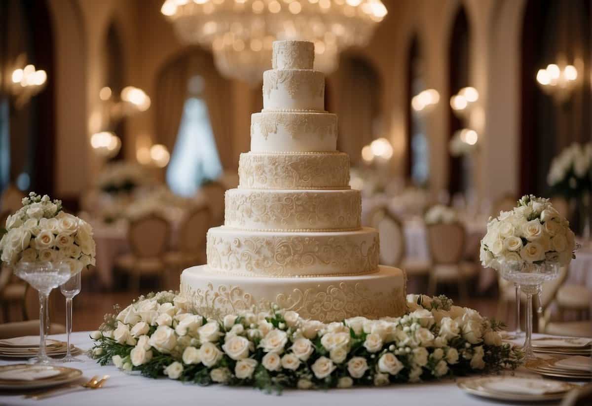 A grand wedding venue with extravagant decor, lavish floral arrangements, and opulent table settings. A towering wedding cake adorned with intricate designs and expensive champagne flowing freely