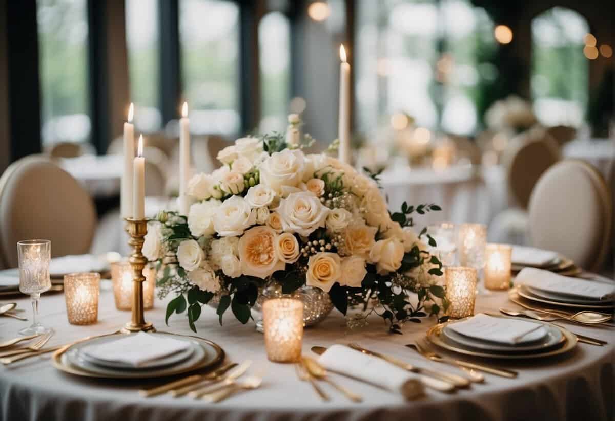A table filled with expensive wedding essentials: floral arrangements, designer wedding gown, luxury wedding cake, and elegant table settings