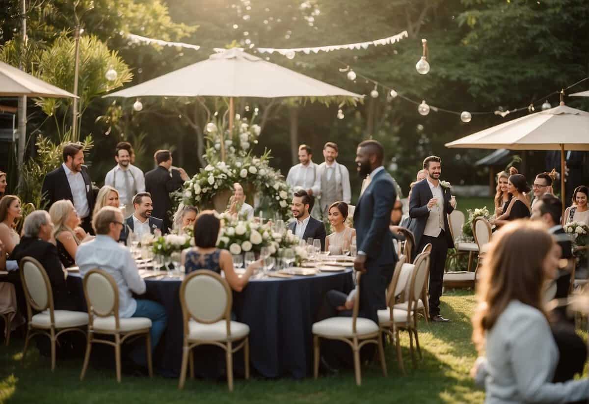 A group of 100 guests gather in a beautiful outdoor setting, adorned with elegant decorations and surrounded by lush greenery. The atmosphere is filled with joy and celebration as they witness the union of two people in love