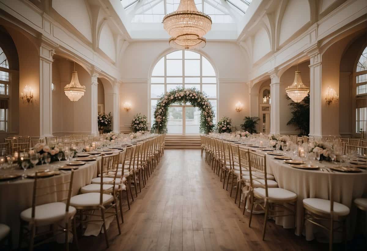 A wedding venue with seating for 100 guests, adorned with elegant decor and a beautiful backdrop for the ceremony