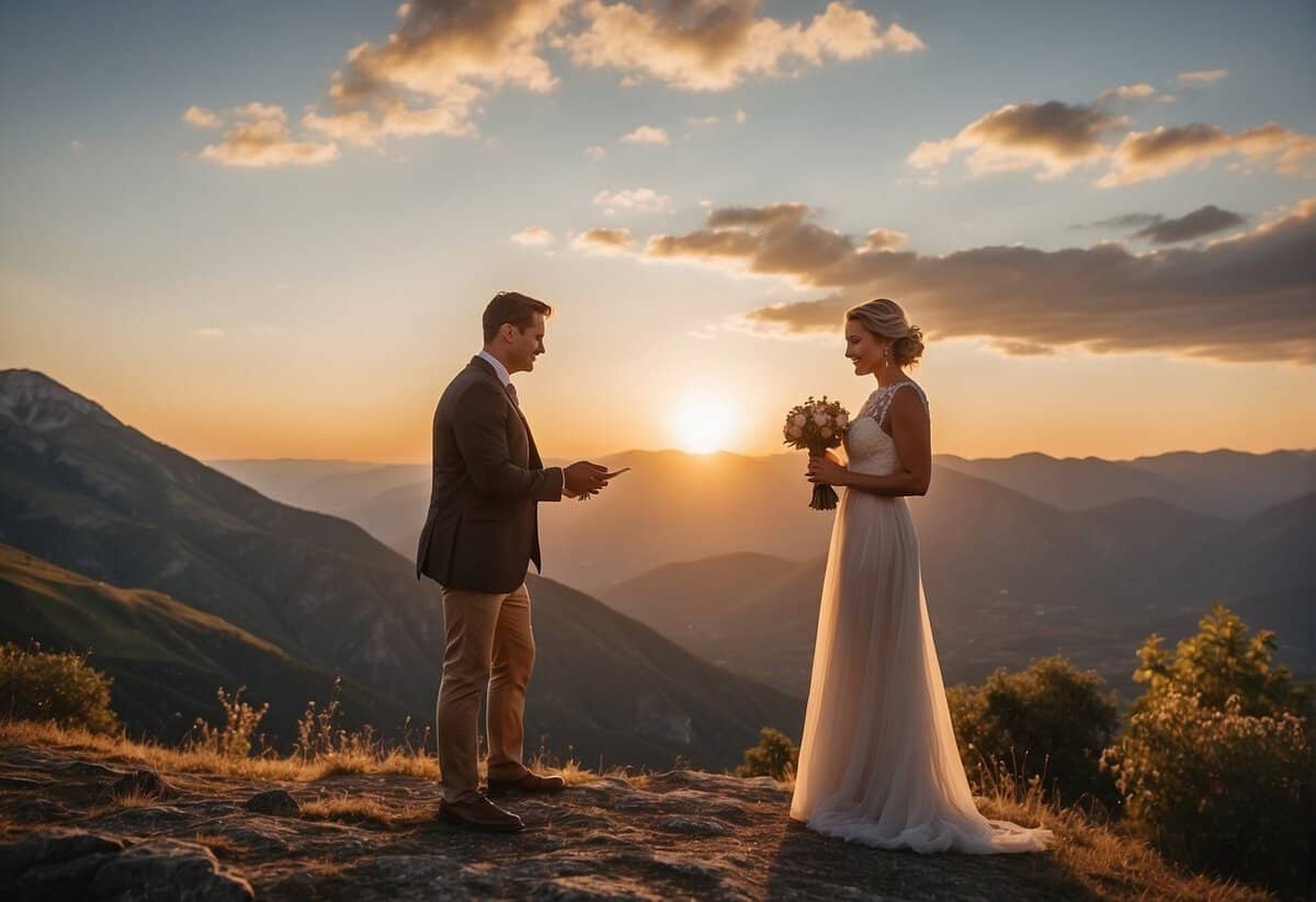 A couple exchanging vows on a scenic mountaintop at sunset