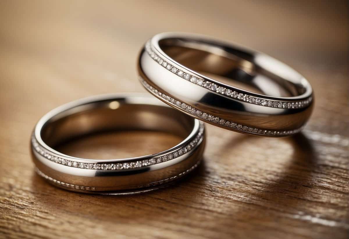 Two wedding rings on a table, one worn and the other untouched