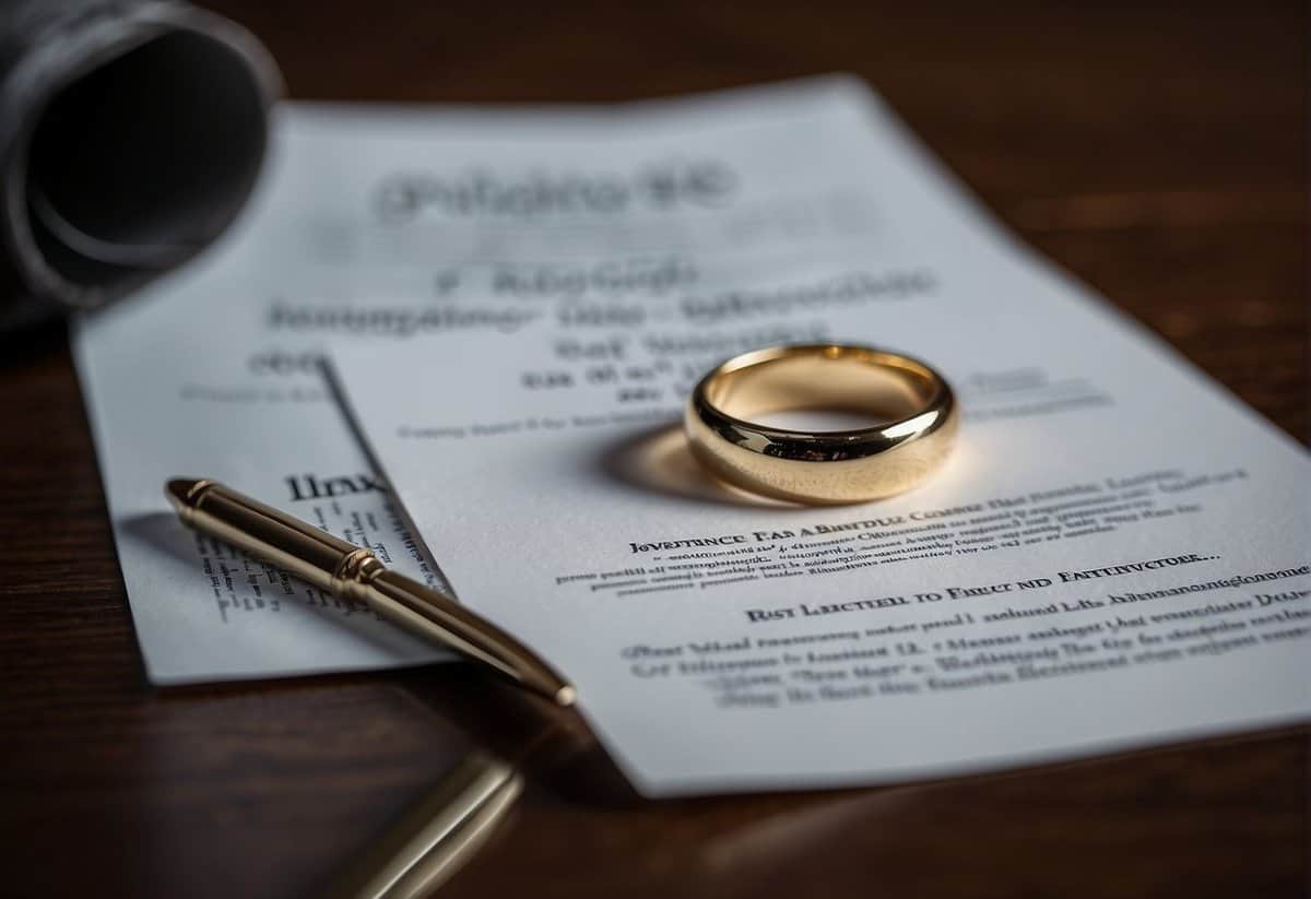 A wedding ring being removed and placed on a table, while a divorce certificate is being signed in the background