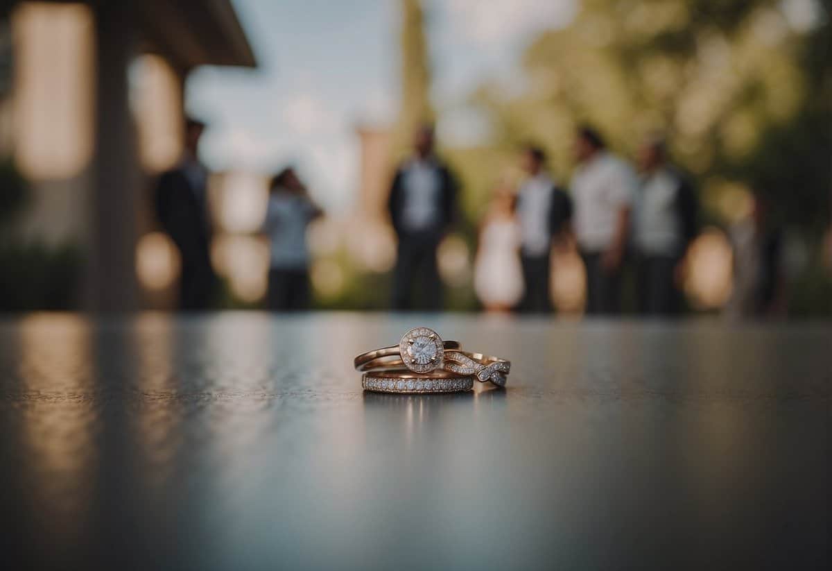 A person stands between two wedding rings, looking conflicted