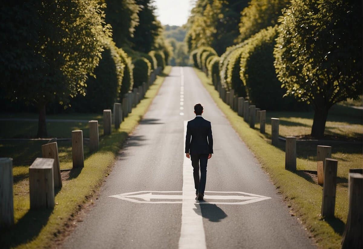 A person standing at a crossroads, with one path leading to a wedding ceremony and the other path leading to a person already married, symbolizing the internal struggle of personal considerations and support in making a decision