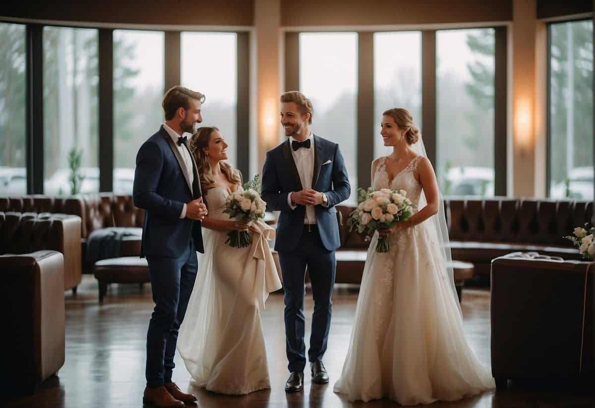 A couple and a venue manager negotiate terms in a cozy, elegant wedding venue