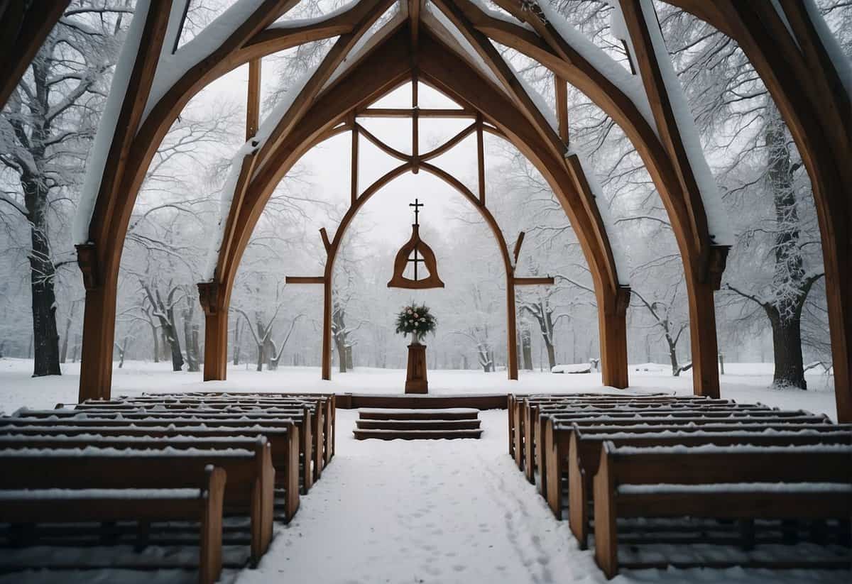 A deserted wedding chapel in a snowy January landscape