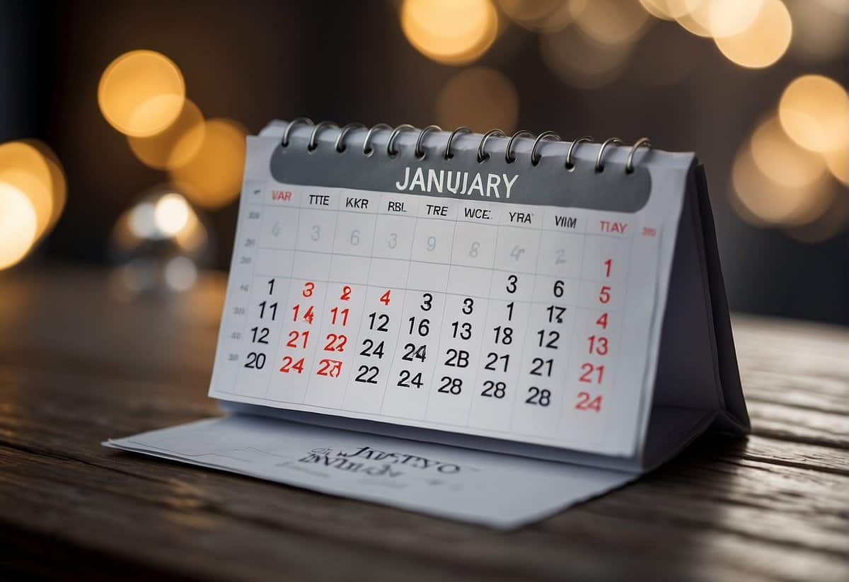 A calendar with a clear focus on the month of January, with minimal wedding dates highlighted