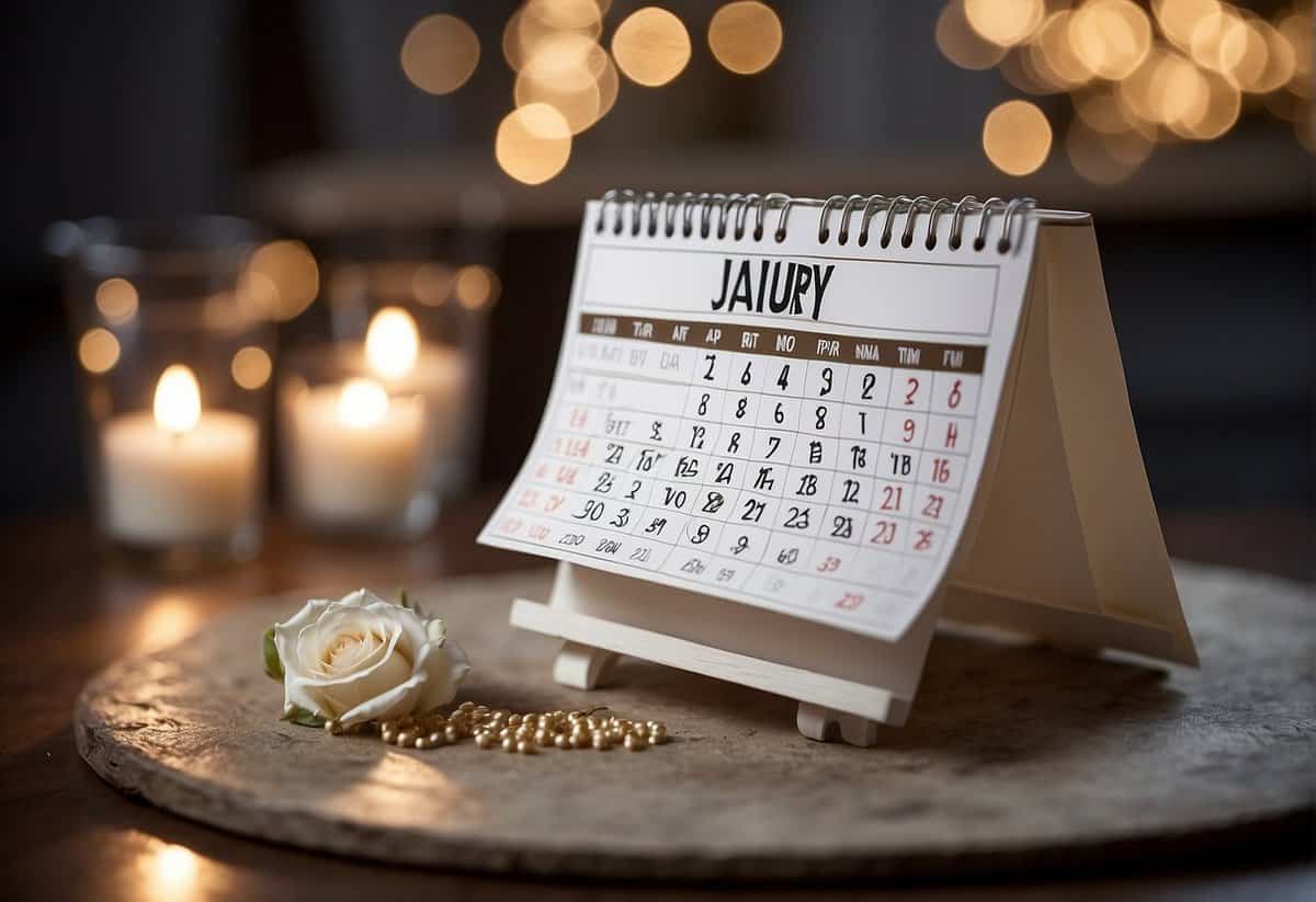 The scene depicts a calendar with the months of January and February highlighted, indicating the slowest months for weddings