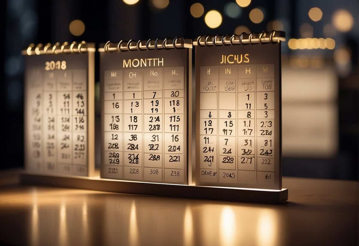The calendar months arranged in a line, with a spotlight shining on the month with the lowest number of weddings