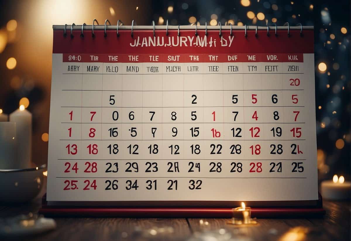 A calendar with the month of January highlighted, surrounded by question marks and wedding-related imagery