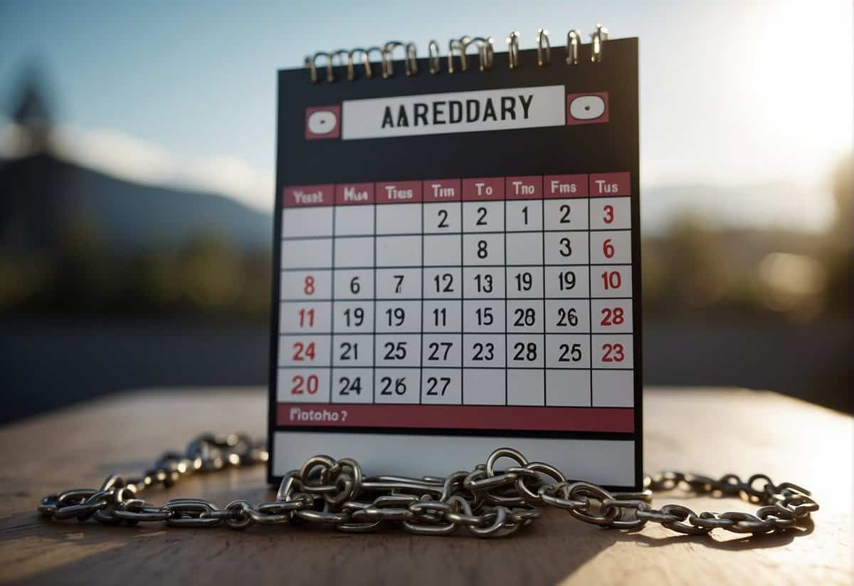 A calendar with the year prominently displayed, surrounded by broken chains or shattered hearts