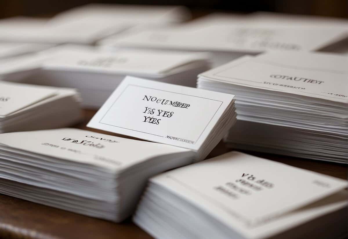A stack of RSVP cards labeled "No" outnumber those labeled "Yes" on a table