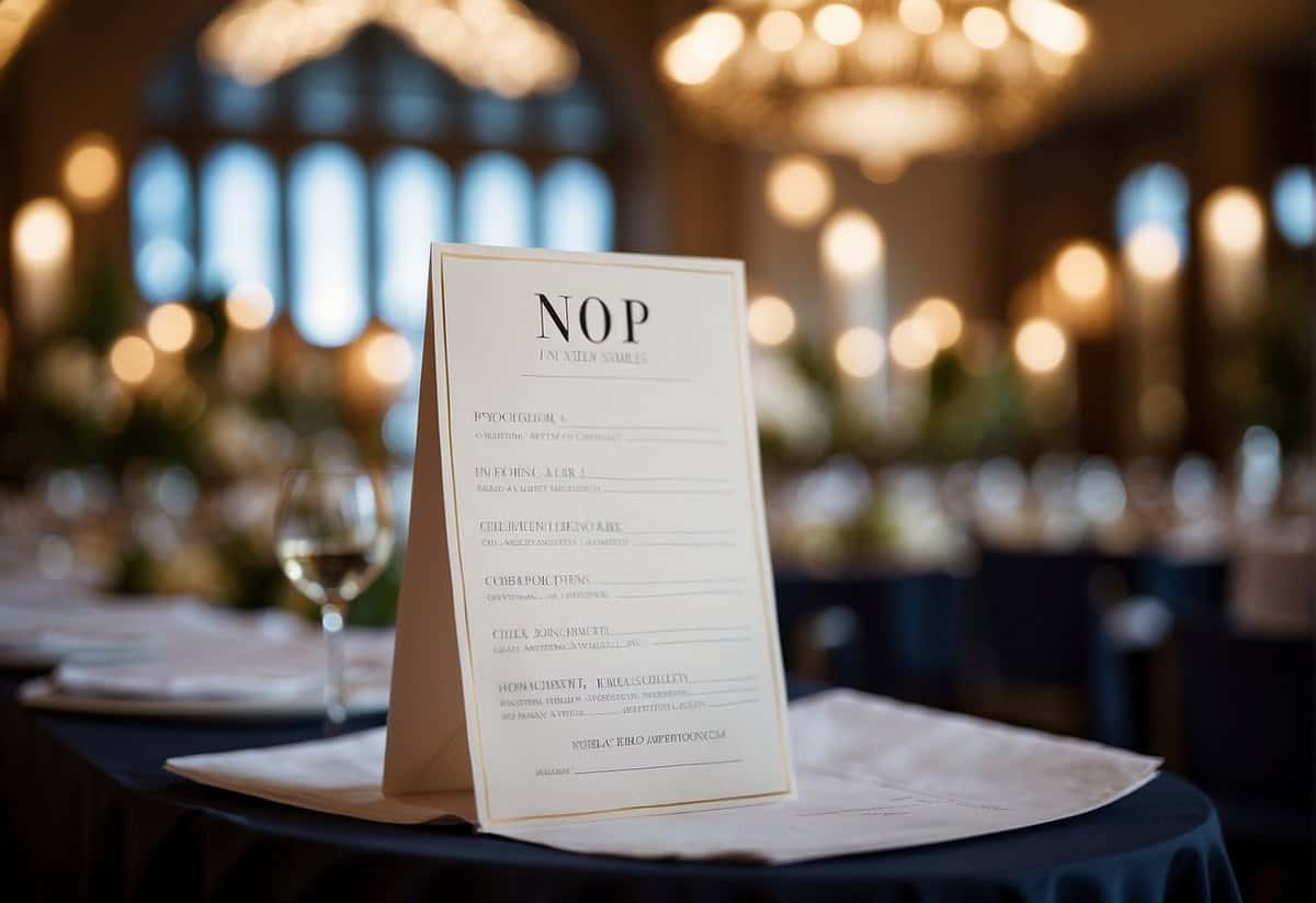 Guest list with checkmarks, some crossed out. Empty seats at a table. RSVP list with "no" written next to some names
