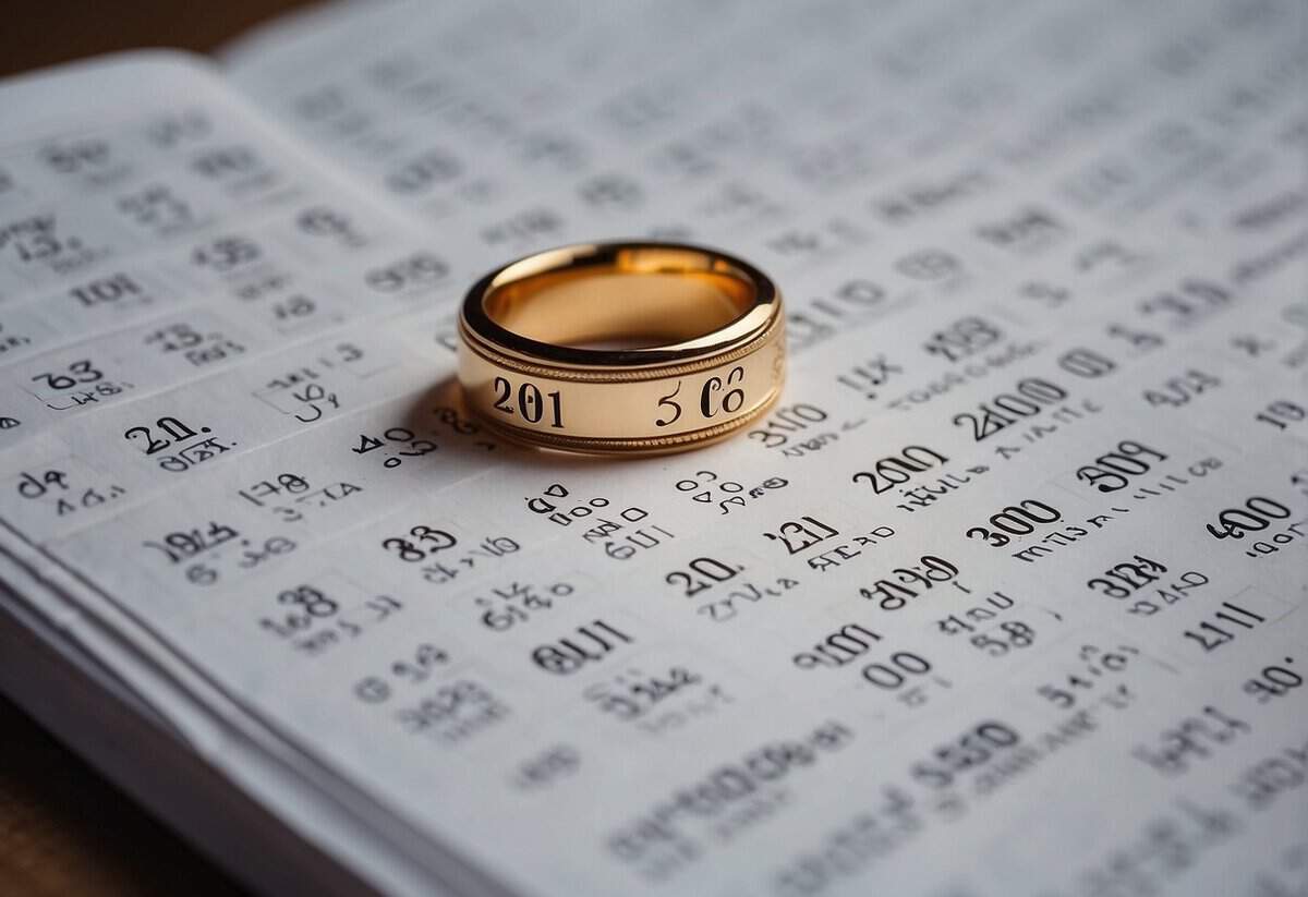 A wedding ring surrounded by a calendar showing increasing years