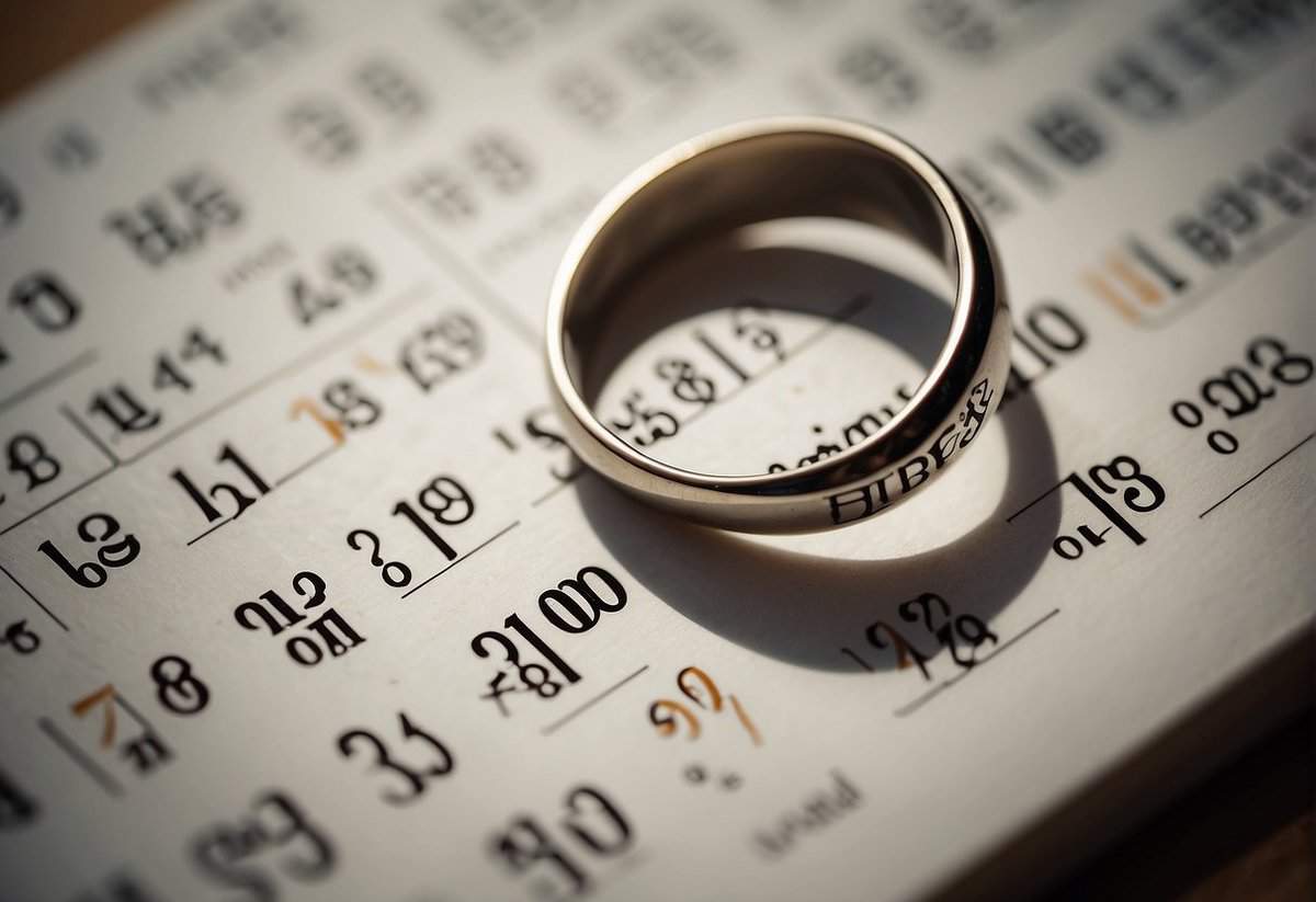 A wedding ring lies abandoned on a calendar, surrounded by question marks and conflicting psychological symbols