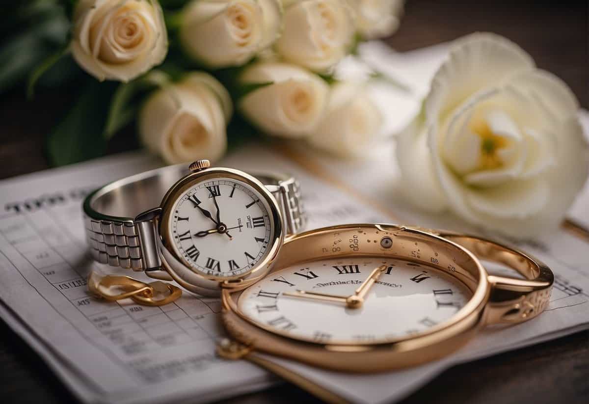 A wedding ring sits on a calendar, surrounded by a bouquet of flowers and a glass of champagne. A clock in the background shows the time as 40 minutes past midnight