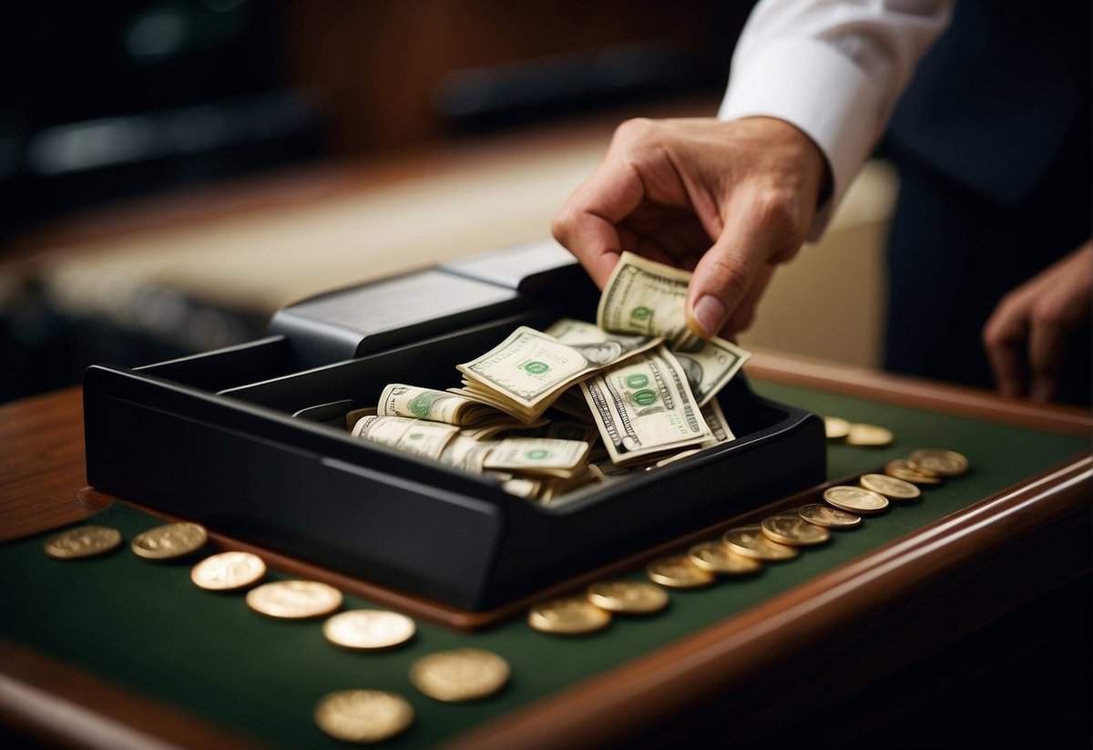 A groom's hand places money on a hotel reception desk for the wedding night