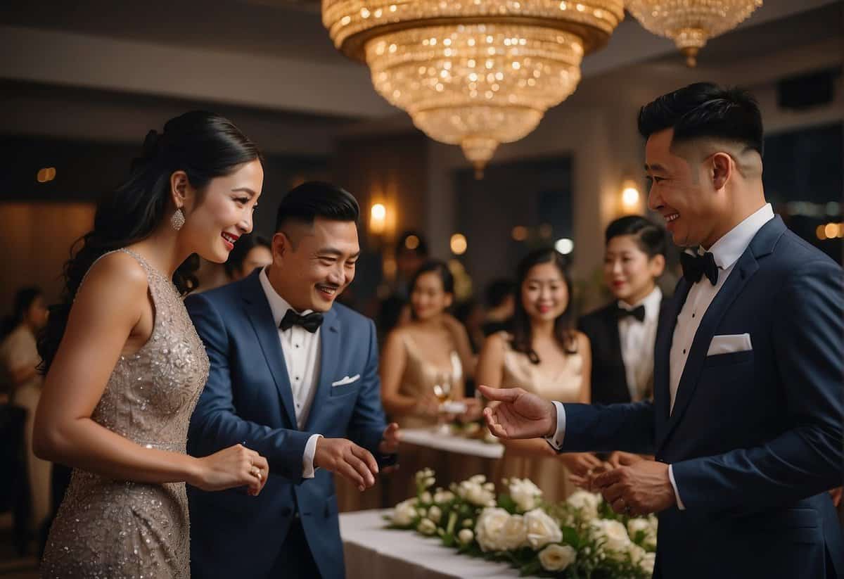 Pre-wedding events and preparations depict a scene of a couple's families discussing and deciding who will pay for the wedding night accommodations
