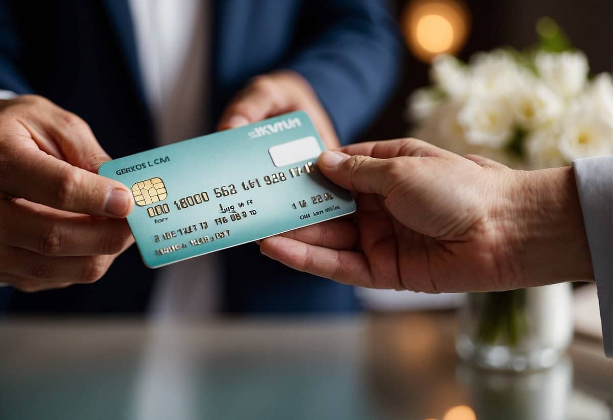 A groom's hand holds a credit card while a bride's hand holds a checkbook, symbolizing the couple's joint responsibility for financing their wedding day