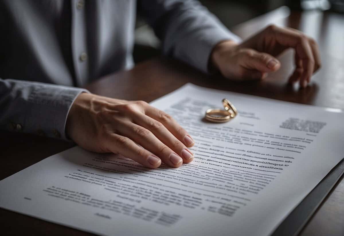 A person holding a wedding ring and looking at a document with a marriage status inquiry