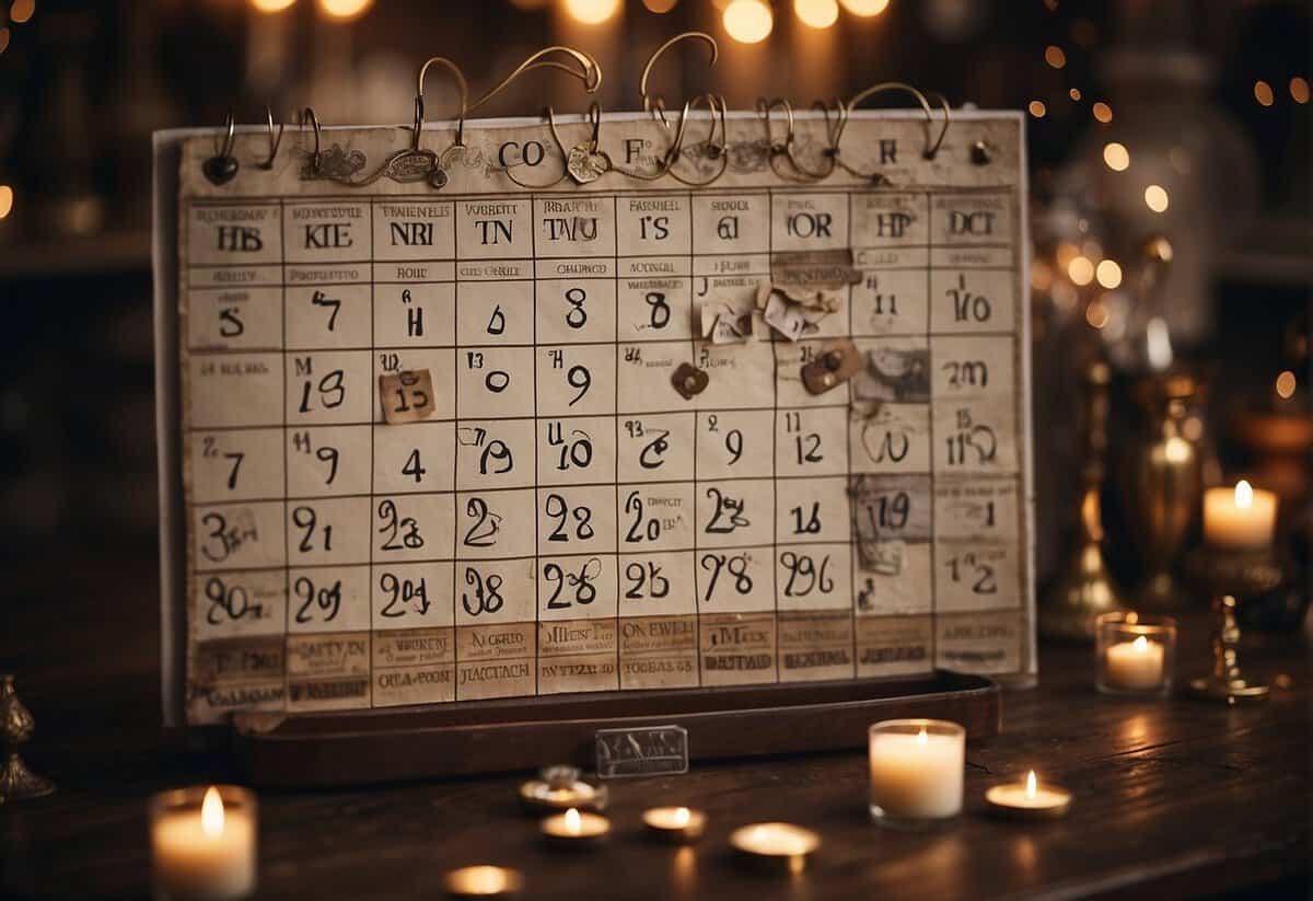 A calendar with wedding dates crossed out, surrounded by diverse symbols of age and time
