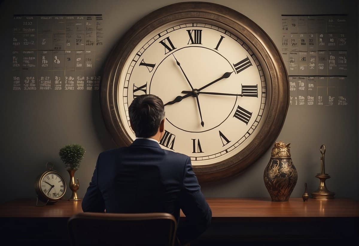 A clock with hands pointing to different ages, a calendar with dates crossed out, and a person looking contemplative