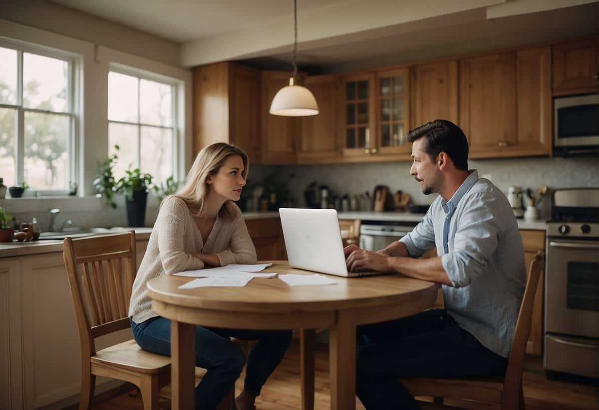 A couple sits at a kitchen table, surrounded by scattered papers and a laptop. They appear deep in conversation, with furrowed brows and gestures of frustration