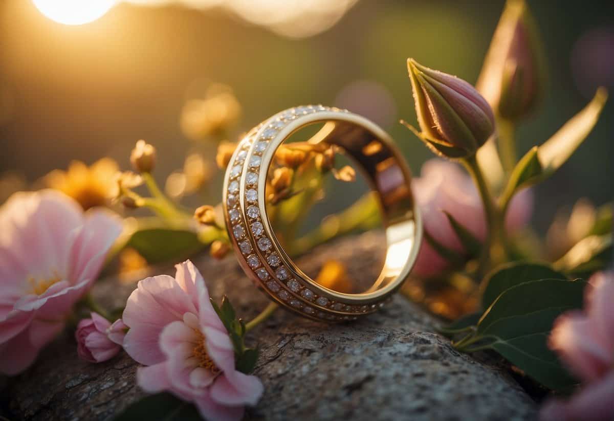 A wedding ring surrounded by blooming flowers and a golden sunset