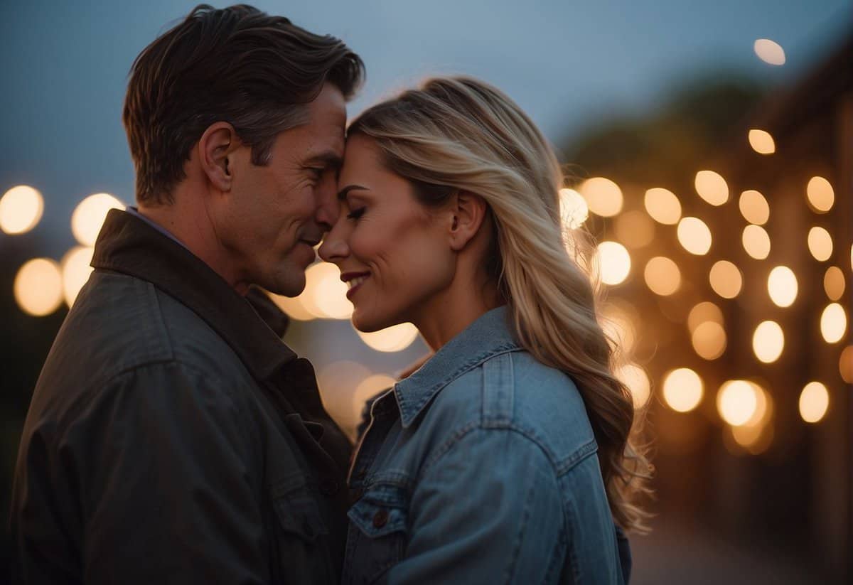 A couple embracing in a warm, serene setting, surrounded by symbols of commitment and love, evoking a sense of security and emotional connection