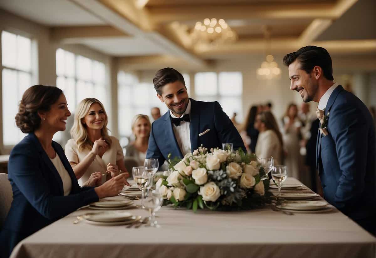A couple stands at a table, selecting family members as witnesses for their wedding. The room is filled with excitement and anticipation