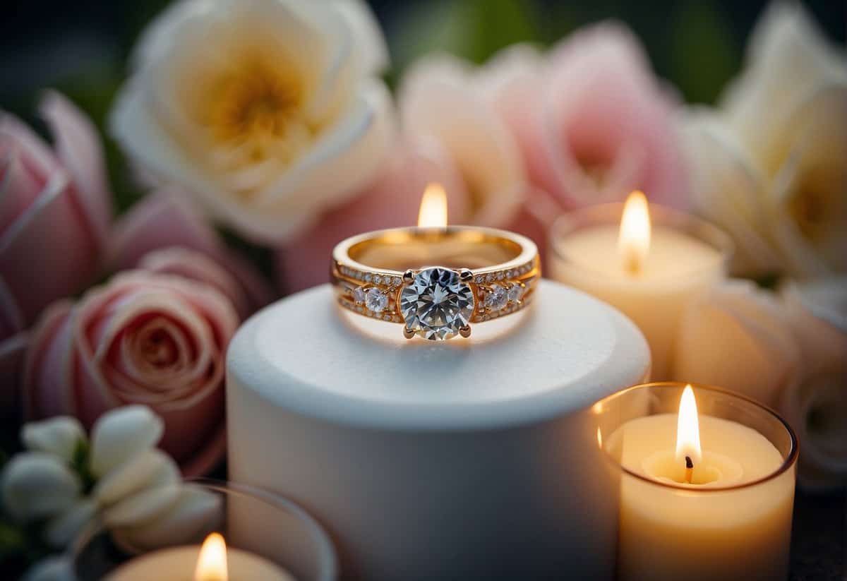 A wedding ring placed on a pedestal, surrounded by flowers and candles, symbolizing the importance of commitment and unity in marriage